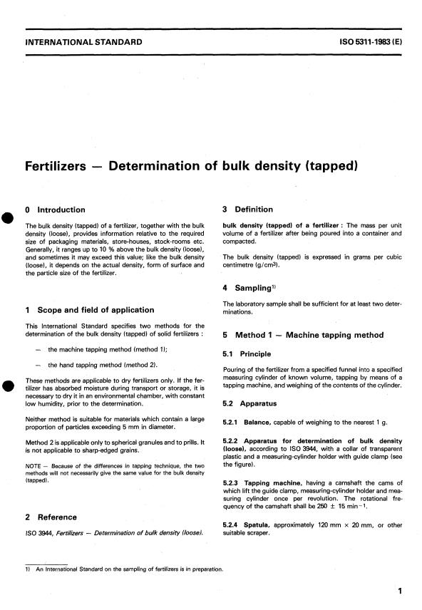 ISO 5311:1983 - Fertilizers -- Determination of bulk density (tapped)