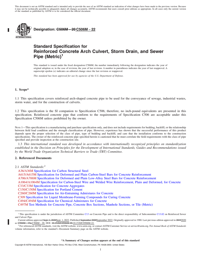 REDLINE ASTM C506M-22 - Standard Specification for Reinforced Concrete Arch Culvert, Storm Drain, and Sewer Pipe  (Metric)