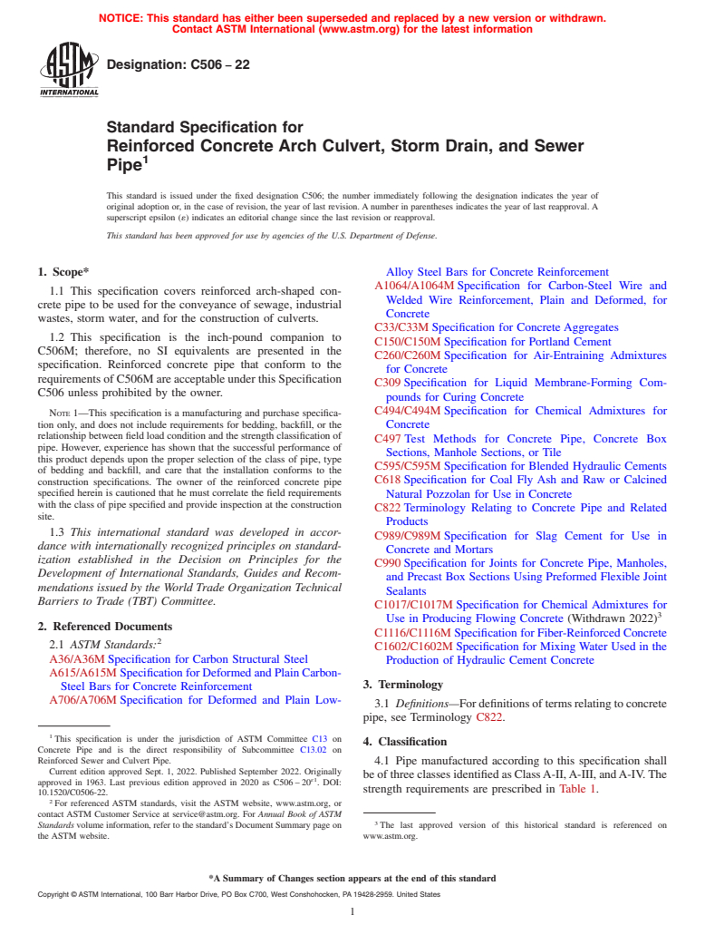 ASTM C506-22 - Standard Specification for  Reinforced Concrete Arch Culvert, Storm Drain, and Sewer Pipe