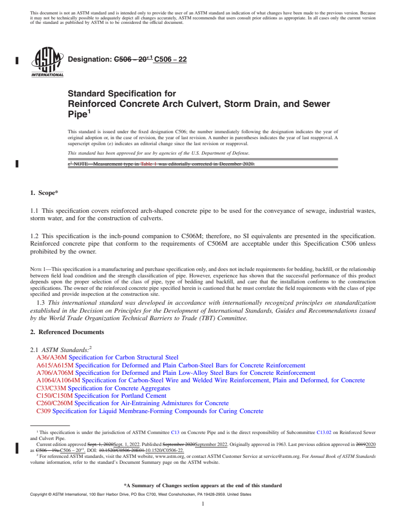 REDLINE ASTM C506-22 - Standard Specification for  Reinforced Concrete Arch Culvert, Storm Drain, and Sewer Pipe