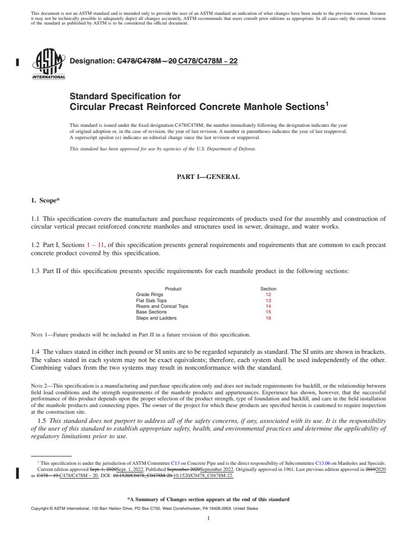 REDLINE ASTM C478/C478M-22 - Standard Specification for  Circular Precast Reinforced Concrete Manhole Sections