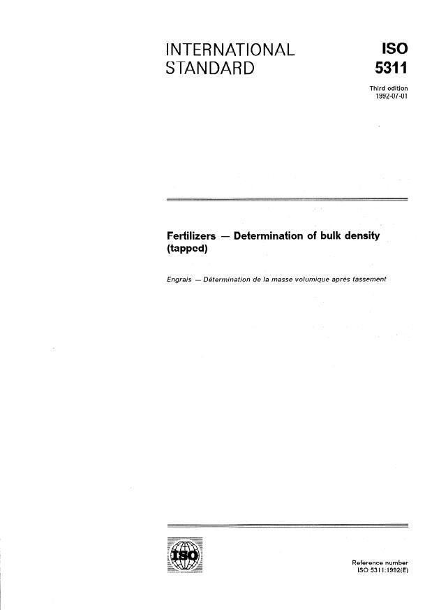 ISO 5311:1992 - Fertilizers -- Determination of bulk density (tapped)
