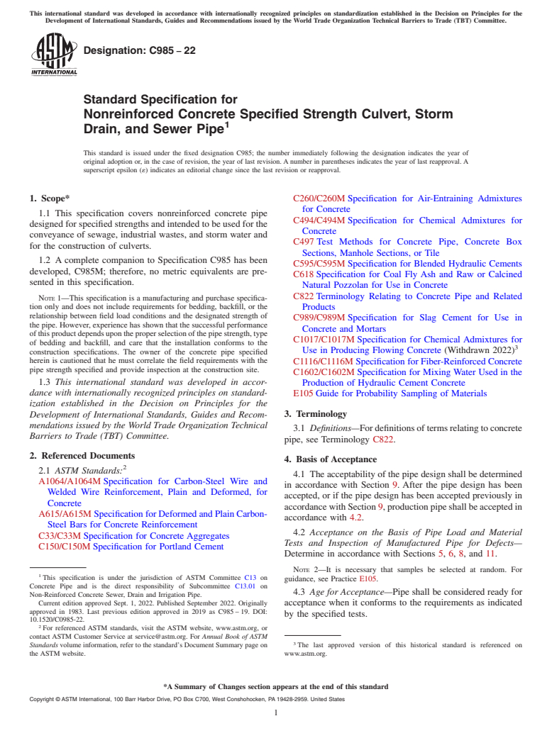 ASTM C985-22 - Standard Specification for  Nonreinforced Concrete Specified Strength Culvert, Storm Drain,  and Sewer Pipe