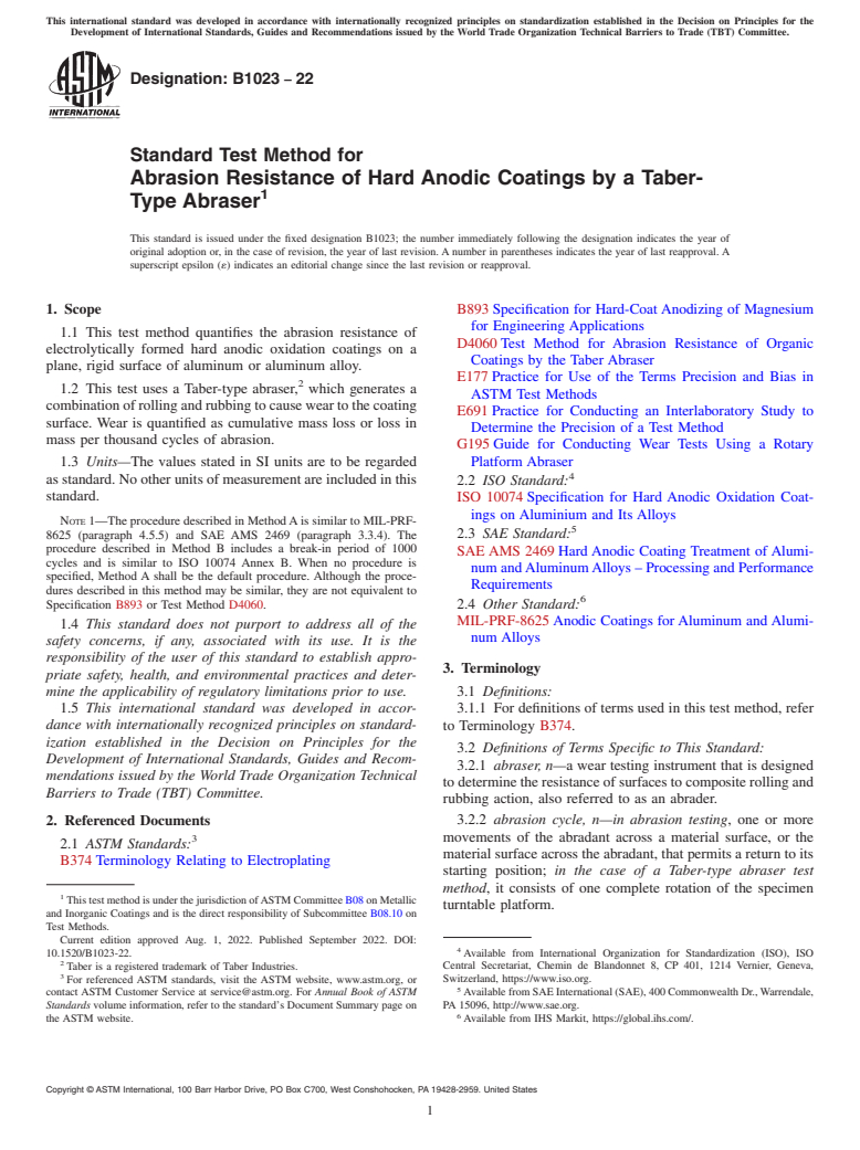 ASTM B1023-22 - Standard Test Method for  Abrasion Resistance of Hard Anodic Coatings by a Taber-Type  Abraser