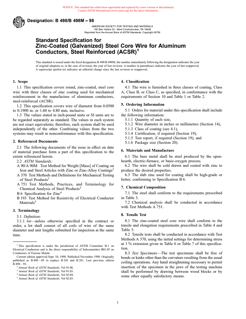 ASTM B498/B498M-98 - Standard Specification for Zinc-Coated (Galvanized) Steel Core Wire for Aluminum Conductors, Steel Reinforced (ACSR)