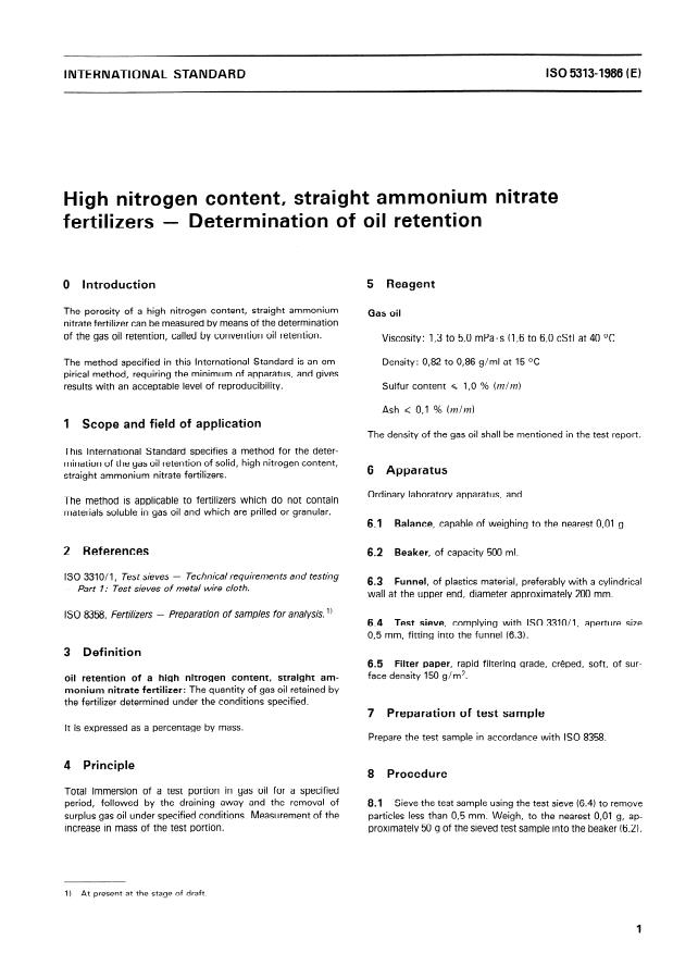ISO 5313:1986 - High nitrogen content, straight ammonium nitrate fertilizers -- Determination or oil retention