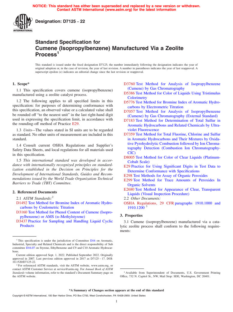 ASTM D7125-22 - Standard Specification for Cumene (Isopropylbenzene) Manufactured Via a Zeolite Process