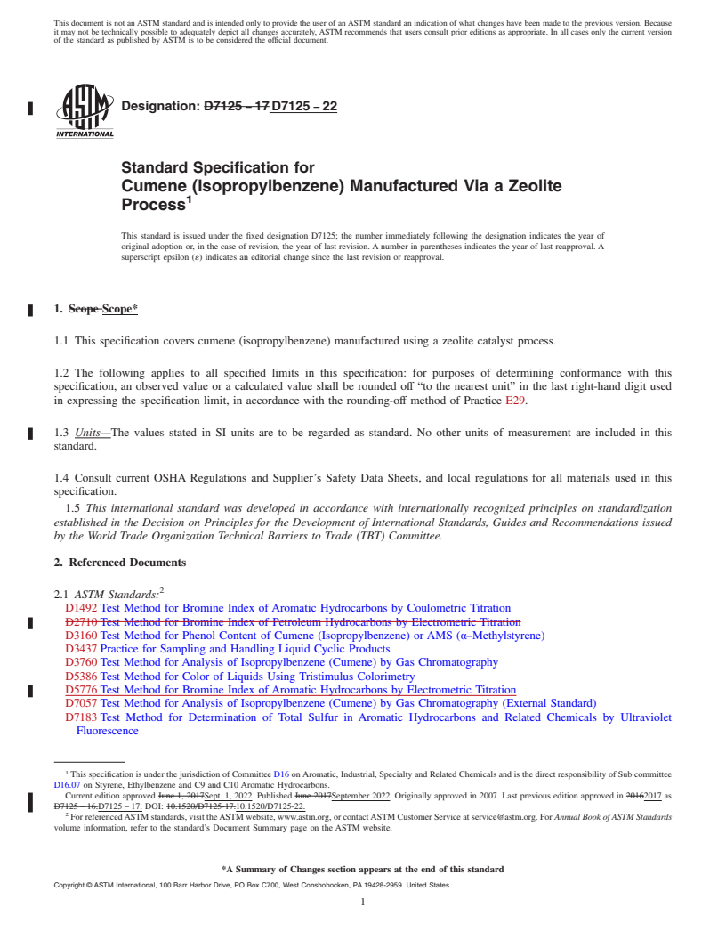 REDLINE ASTM D7125-22 - Standard Specification for Cumene (Isopropylbenzene) Manufactured Via a Zeolite Process