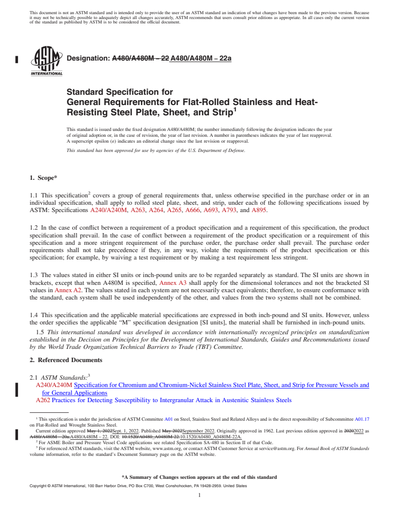 REDLINE ASTM A480/A480M-22a - Standard Specification for  General Requirements for Flat-Rolled Stainless and Heat-Resisting  Steel Plate, Sheet, and Strip