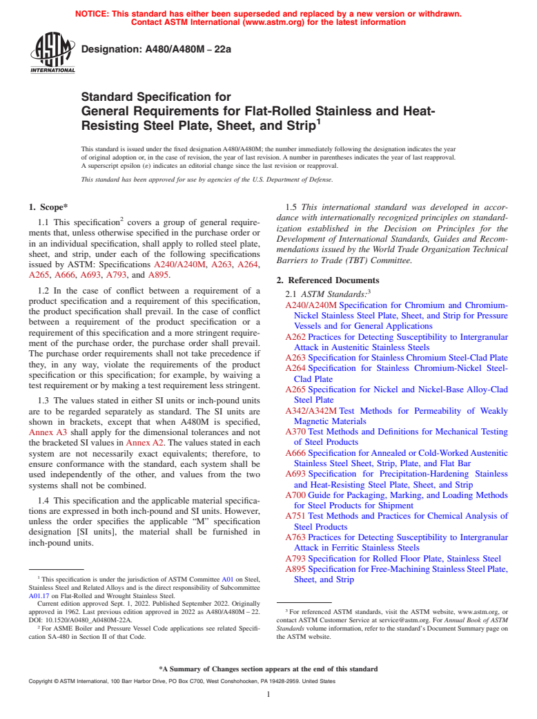 ASTM A480/A480M-22a - Standard Specification for  General Requirements for Flat-Rolled Stainless and Heat-Resisting  Steel Plate, Sheet, and Strip