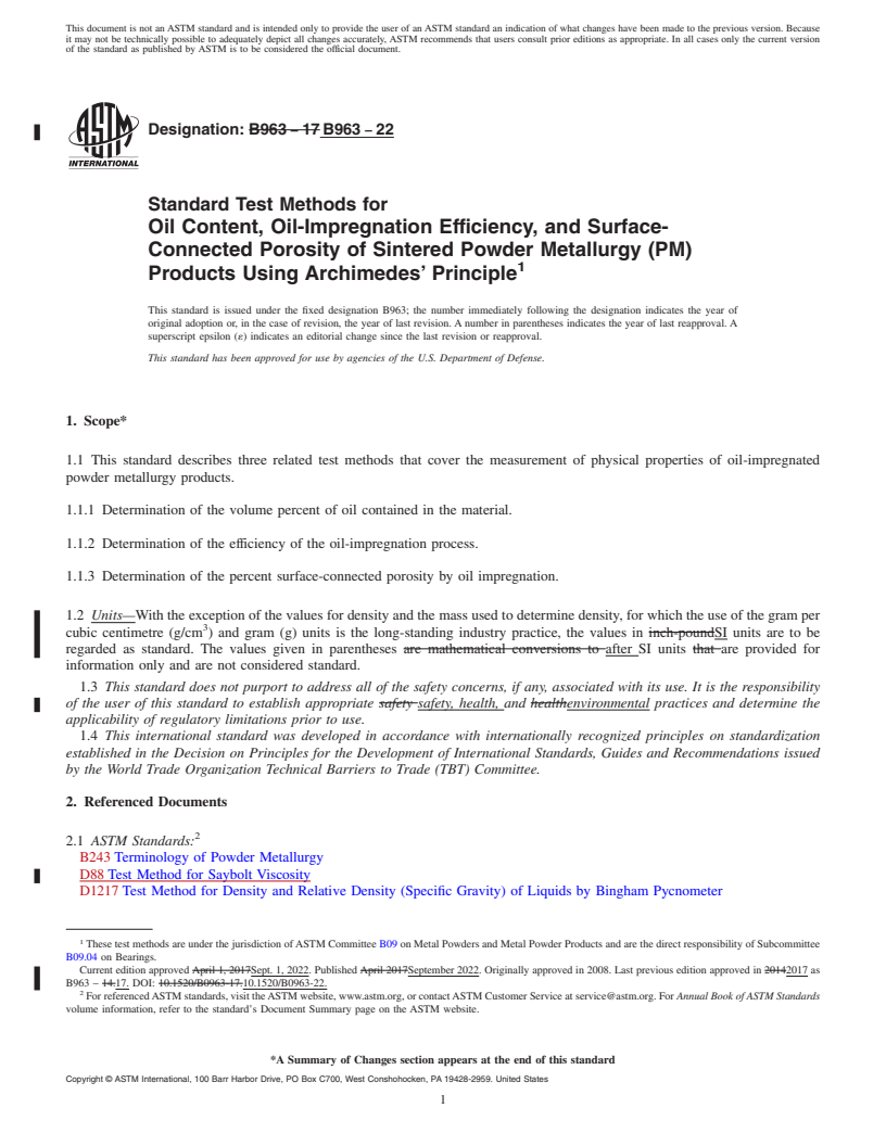 REDLINE ASTM B963-22 - Standard Test Methods for Oil Content, Oil-Impregnation Efficiency, and Surface-Connected   Porosity of Sintered Powder Metallurgy (PM) Products Using Archimedes’   Principle