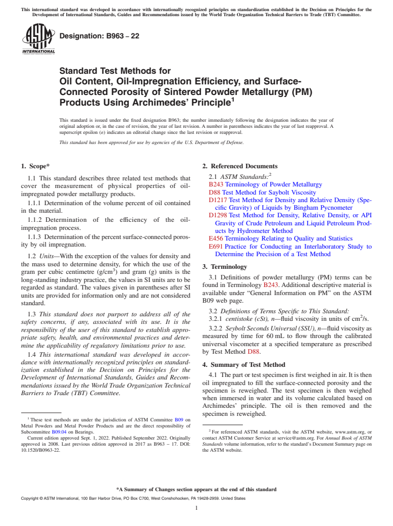 ASTM B963-22 - Standard Test Methods for Oil Content, Oil-Impregnation Efficiency, and Surface-Connected   Porosity of Sintered Powder Metallurgy (PM) Products Using Archimedes’   Principle