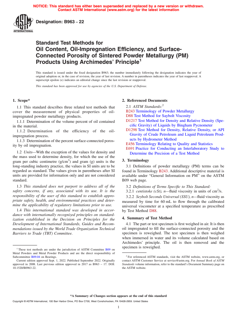 ASTM B963-22 - Standard Test Methods for Oil Content, Oil-Impregnation Efficiency, and Surface-Connected   Porosity of Sintered Powder Metallurgy (PM) Products Using Archimedes’   Principle