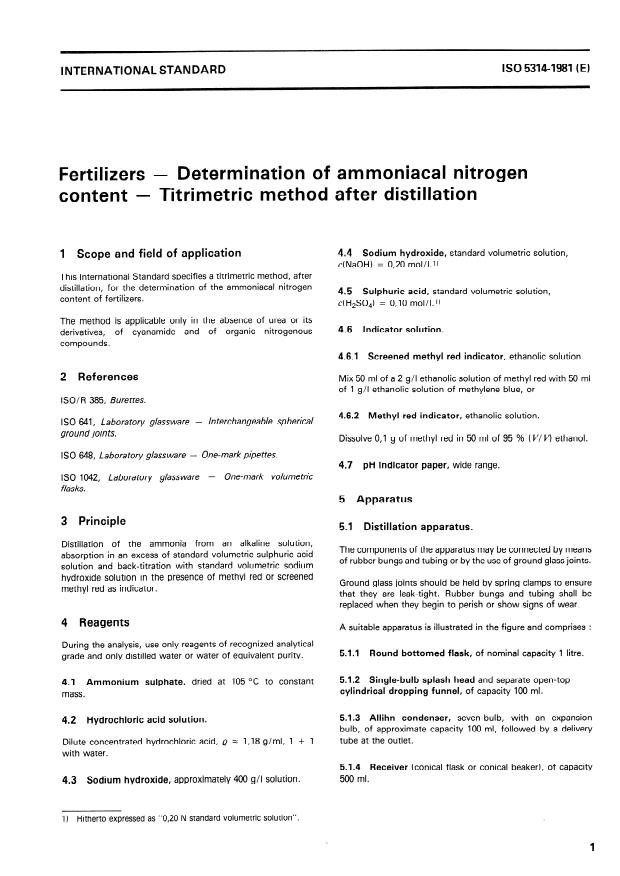 ISO 5314:1981 - Fertilizers -- Determination of ammoniacal nitrogen content -- Titrimetric method after distillation