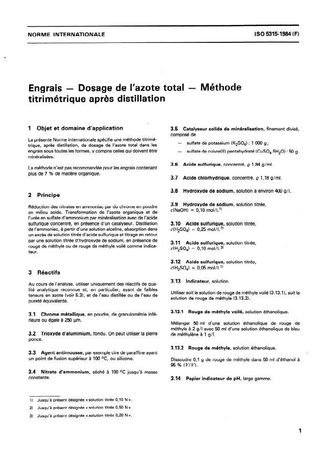ISO 5315:1984 - Engrais -- Dosage de l'azote total -- Méthode titrimétrique apres distillation