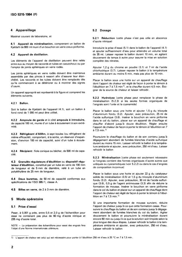 ISO 5315:1984 ISO 5315:1984 - Engrais -- Dosage de l'azote total -- Méthode titrimétrique apres distillation - Page 4 preview