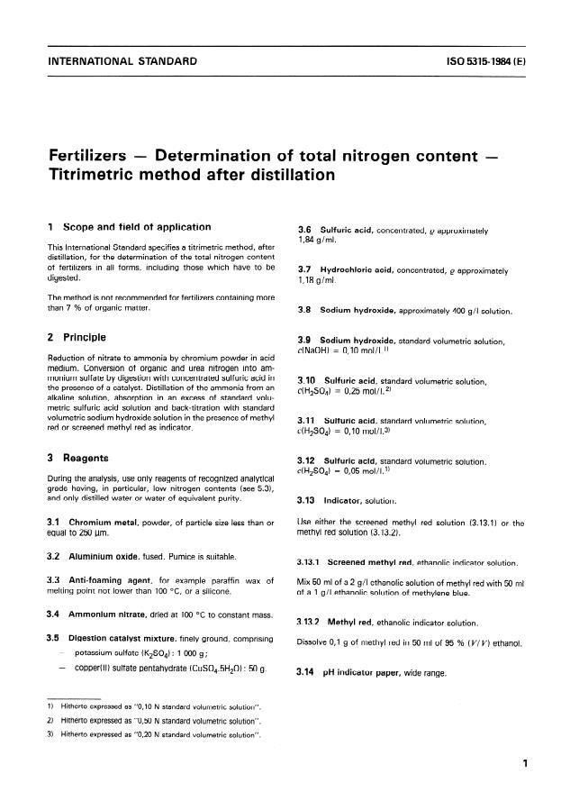 ISO 5315:1984 - Fertilizers -- Determination of total nitrogen content -- Titrimetric method after distillation