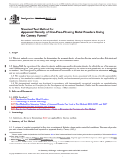 ASTM B417-22 REDLINE ASTM B417-22 - Standard Test Method for Apparent Density of Non-Free-Flowing Metal Powders Using the Carney Funnel - Page 1 preview