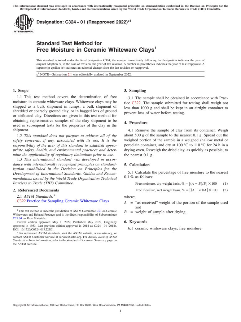 ASTM C324-01(2022)e1 - Standard Test Method for  Free Moisture in Ceramic Whiteware Clays