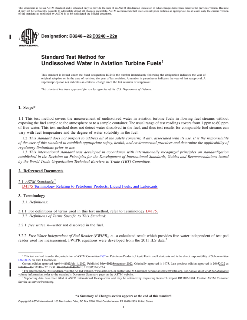 REDLINE ASTM D3240-22a - Standard Test Method for Undissolved Water In Aviation Turbine Fuels