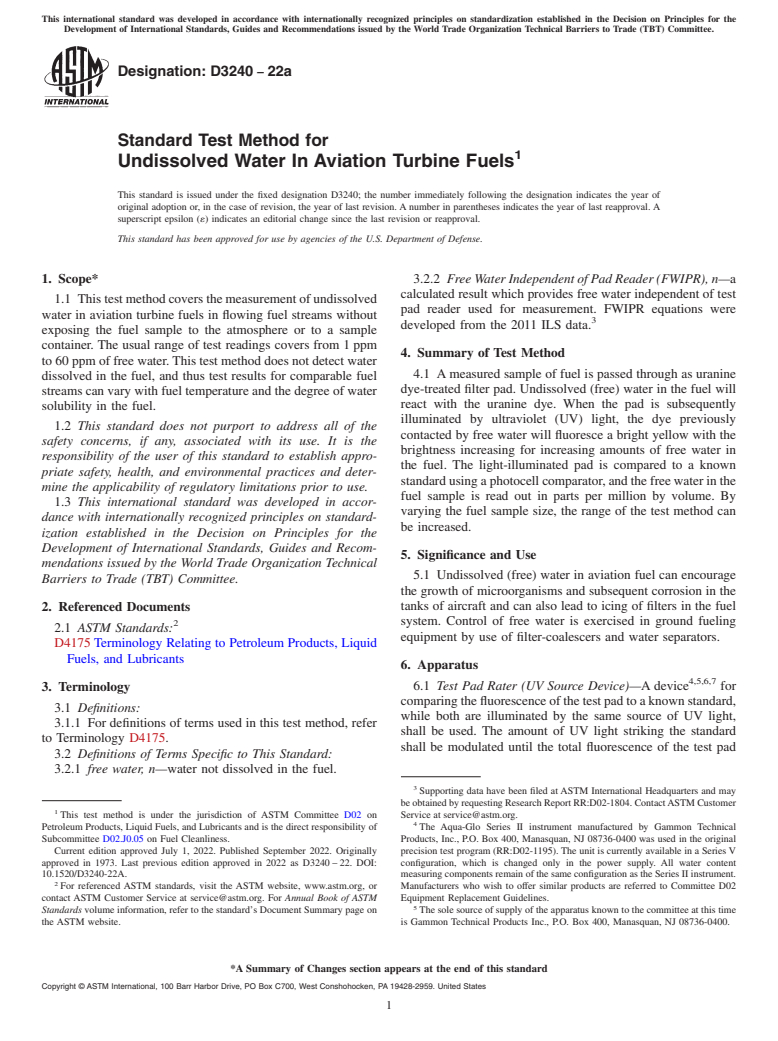 ASTM D3240-22a - Standard Test Method for Undissolved Water In Aviation Turbine Fuels