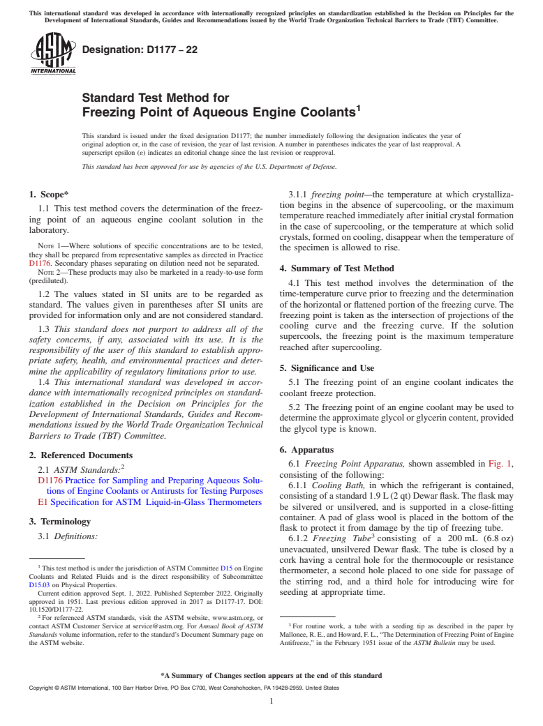 ASTM D1177-22 - Standard Test Method for Freezing Point of Aqueous Engine Coolants