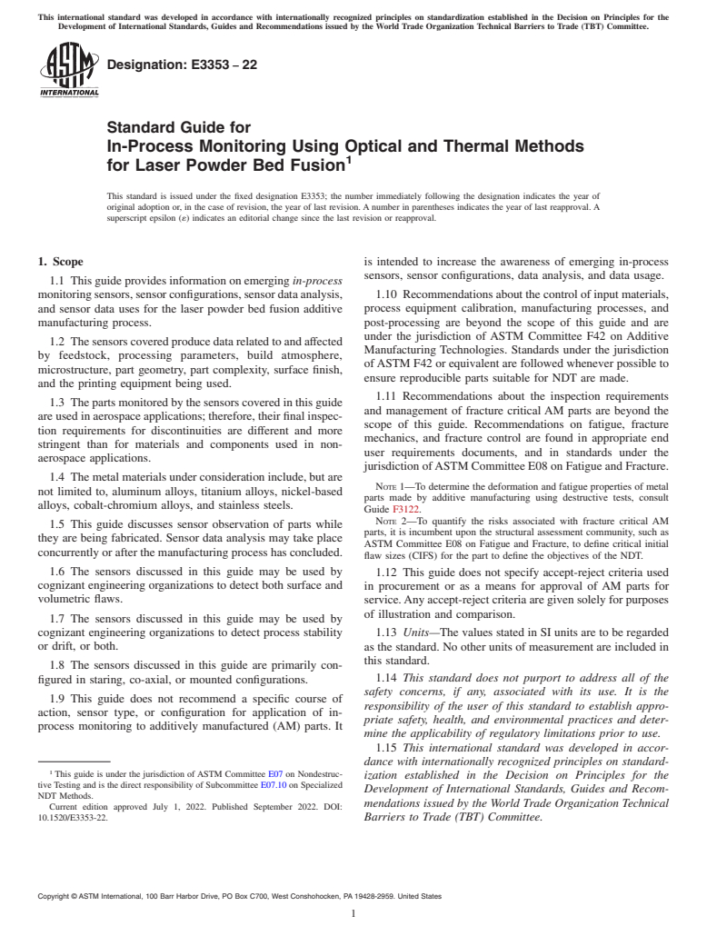 ASTM E3353-22 - Standard Guide for In-Process Monitoring Using Optical and Thermal Methods for  Laser Powder Bed Fusion