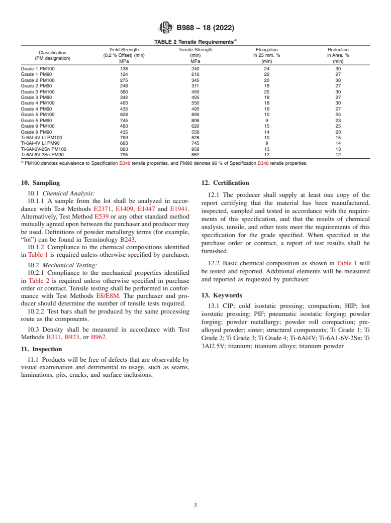 ASTM B988-18(2022) - Standard Specification for Powder Metallurgy (PM) Titanium and Titanium Alloy Structural  Components