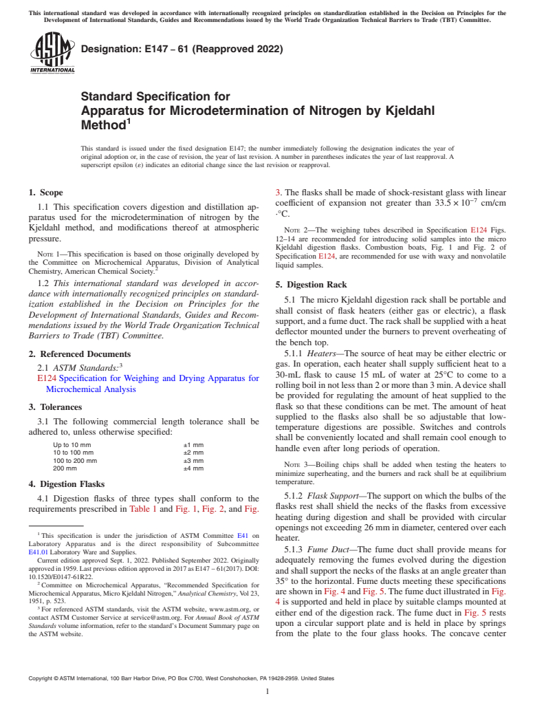 ASTM E147-61(2022) - Standard Specification for  Apparatus for Microdetermination of Nitrogen by Kjeldahl Method