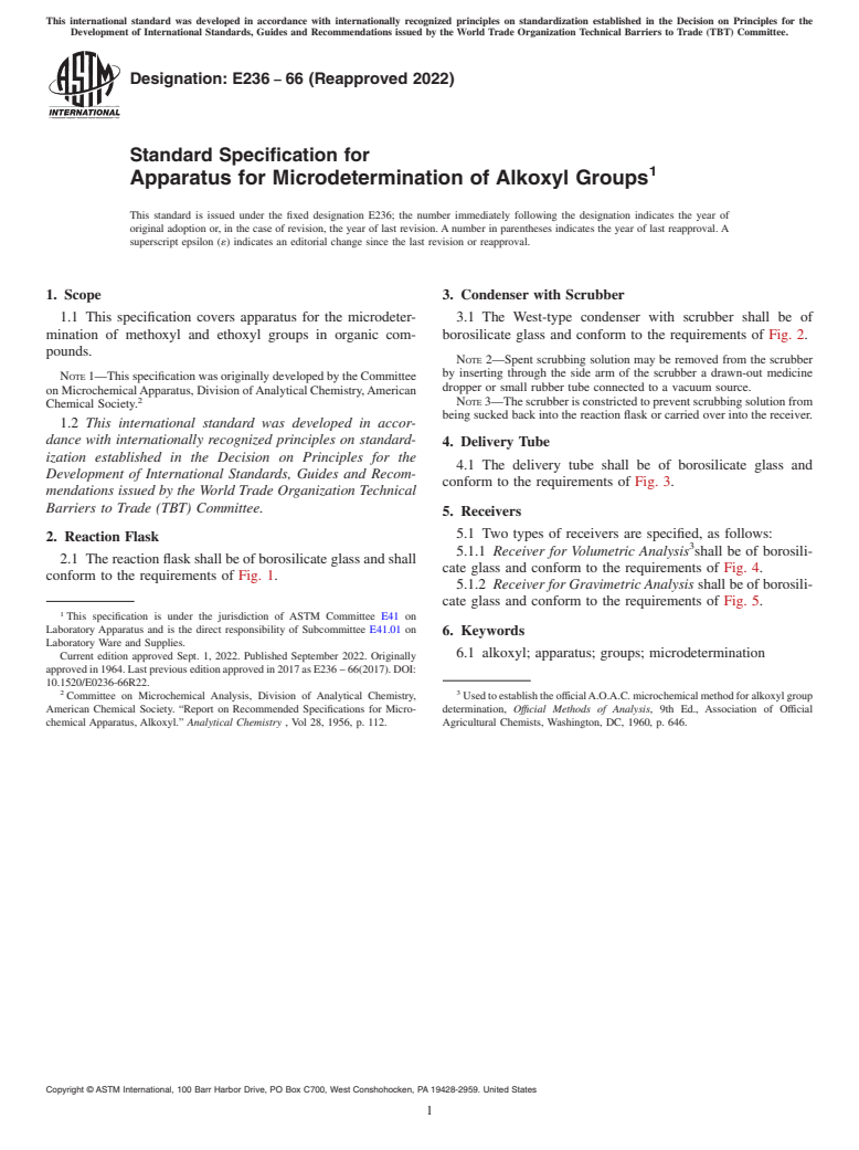 ASTM E236-66(2022) - Standard Specification for  Apparatus for Microdetermination of Alkoxyl Groups