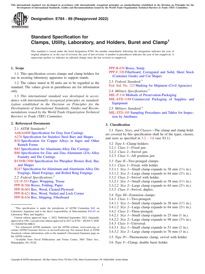 ASTM E784-89(2022) - Standard Specification for  Clamps, Utility, Laboratory, and Holders, Buret and Clamp