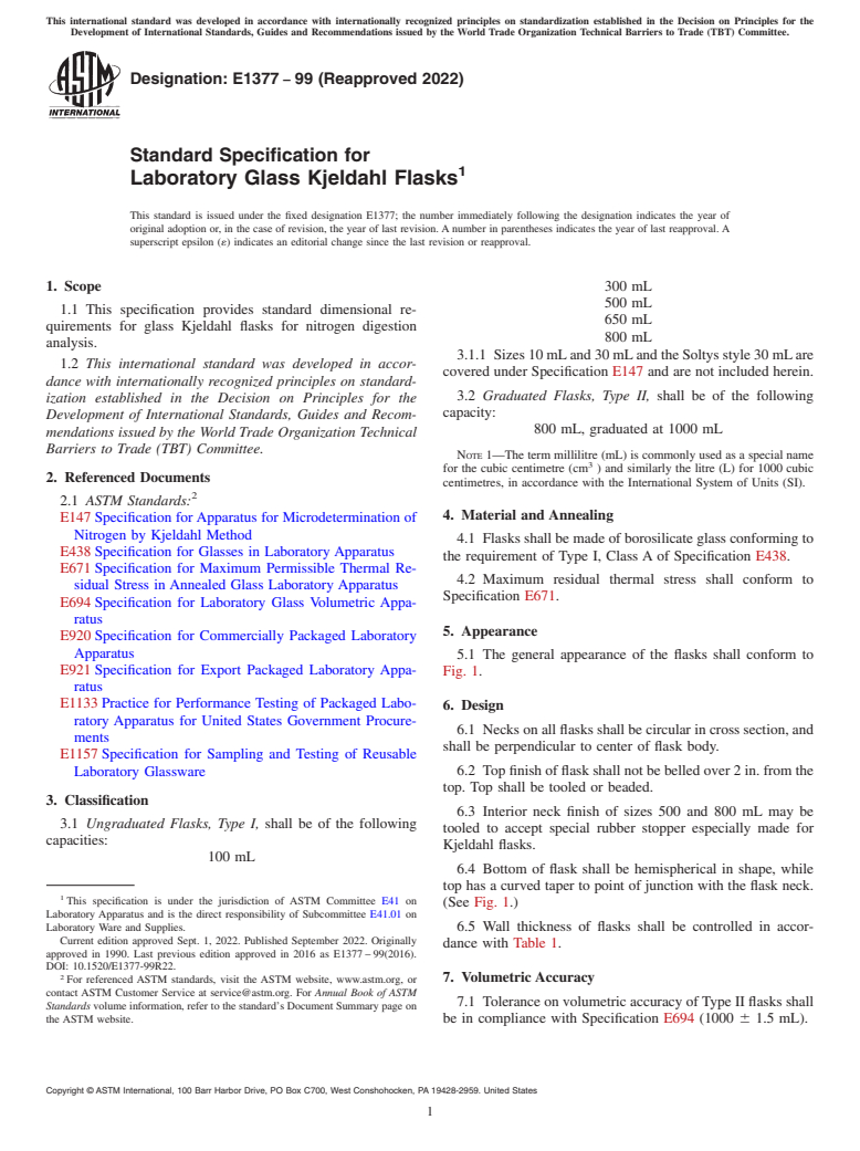 ASTM E1377-99(2022) - Standard Specification for  Laboratory Glass Kjeldahl Flasks