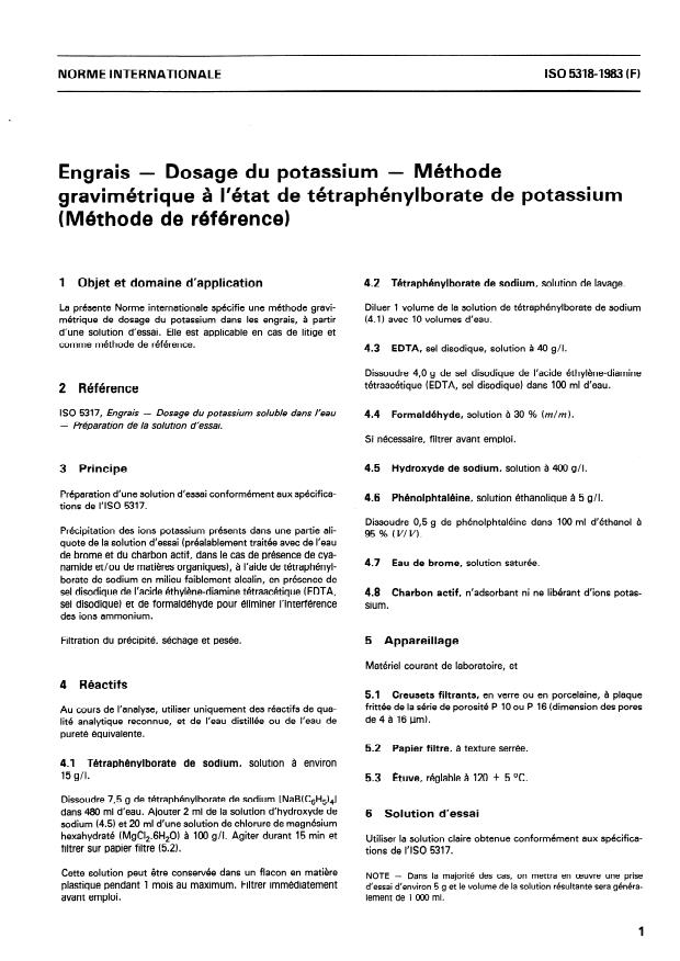ISO 5318:1983 - Engrais -- Dosage du potassium -- Méthode gravimétrique a l'état de tétraphénylborate de potassium (Méthode de référence)
