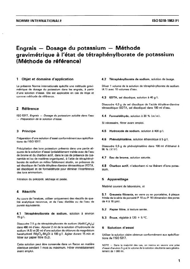 ISO 5318:1983 - Engrais -- Dosage du potassium -- Méthode gravimétrique a l'état de tétraphénylborate de potassium (Méthode de référence)