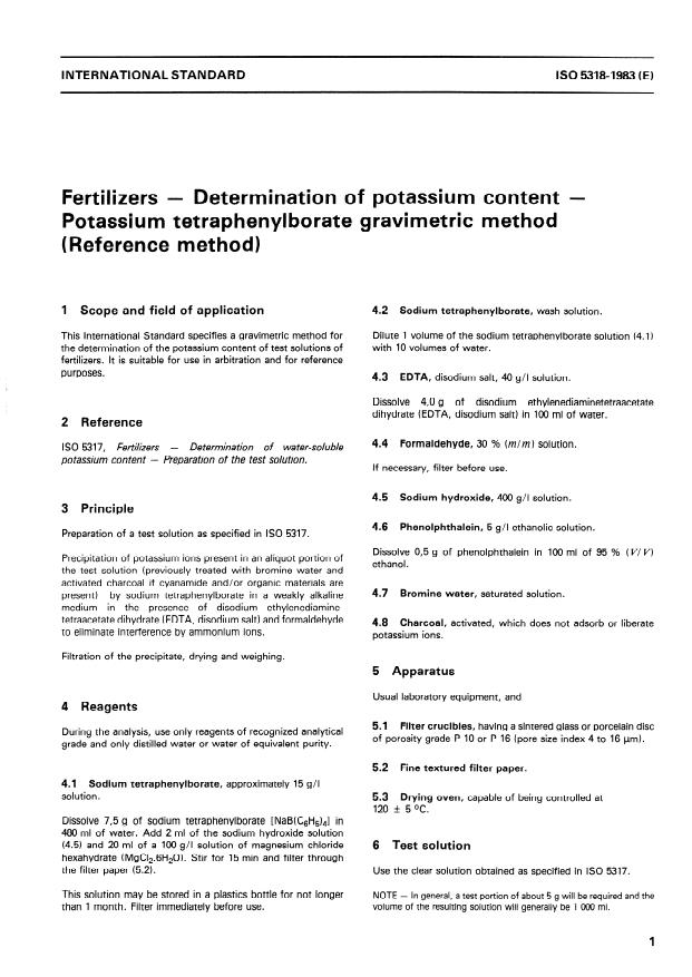 ISO 5318:1983 - Fertilizers -- Determination of potassium content -- Potassium tetraphenylborate gravimetric method (Reference method)