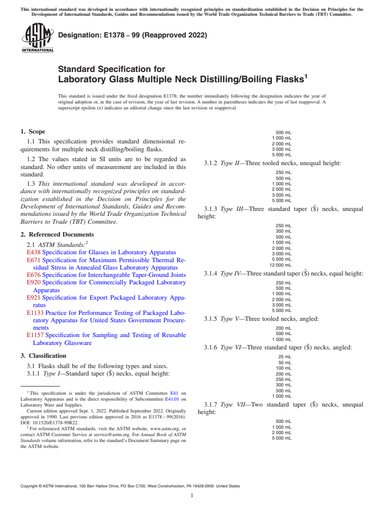 ASTM E1378-99(2022) - Standard Specification for  Laboratory Glass Multiple Neck Distilling/Boiling Flasks