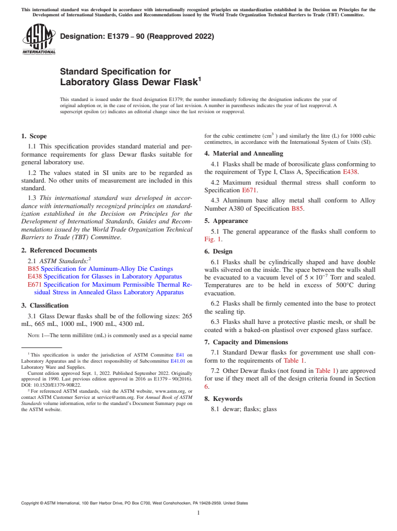 ASTM E1379-90(2022) - Standard Specification for  Laboratory Glass Dewar Flask