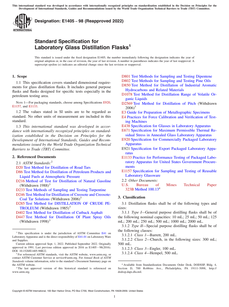 ASTM E1405-98(2022) - Standard Specification for  Laboratory Glass Distillation Flasks