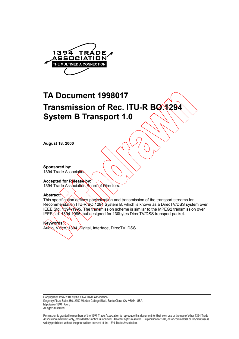IEC PAS 61883-7:2001 - Consumer audio/video equipment - Digital interface - Part 7: Transmission of Rec. ITU-R BO.1294 System B Transport 1.0
Released:8/28/2001
Isbn:2831859786