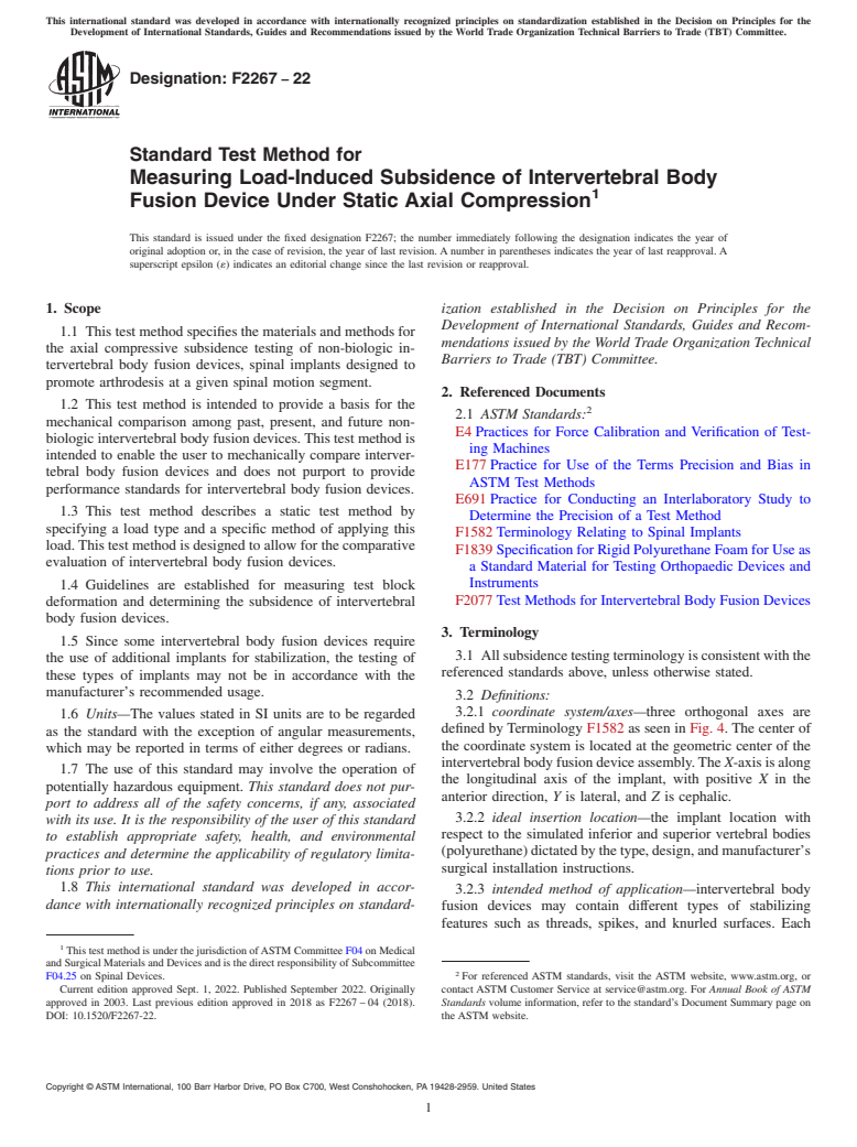 ASTM F2267-22 - Standard Test Method for Measuring Load-Induced Subsidence of Intervertebral Body Fusion  Device Under Static Axial Compression