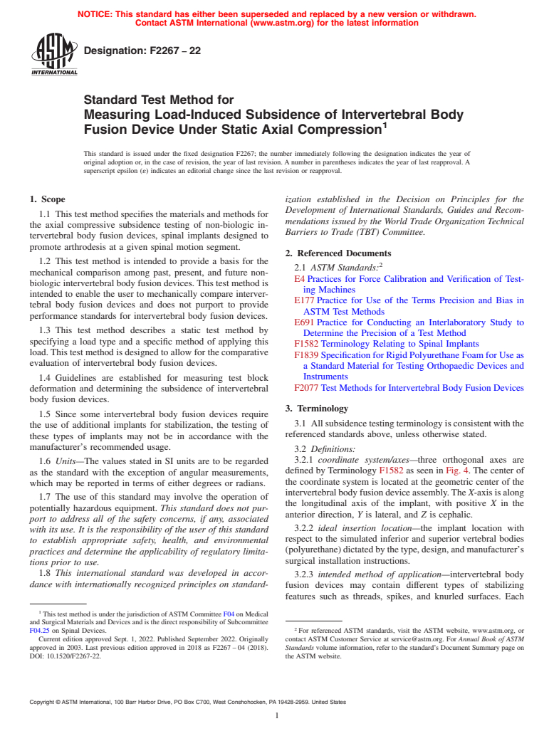 ASTM F2267-22 - Standard Test Method for Measuring Load-Induced Subsidence of Intervertebral Body Fusion  Device Under Static Axial Compression