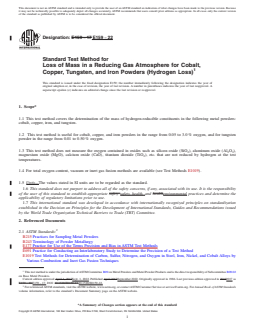 ASTM E159-22 REDLINE ASTM E159-22 - Standard Test Method for Loss of Mass in a Reducing Gas Atmosphere for Cobalt, Copper, Tungsten, and Iron Powders (Hydrogen Loss) - Page 1 preview