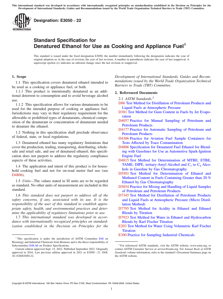 ASTM E3050-22 - Standard Specification for Denatured Ethanol for Use as Cooking and Appliance Fuel
