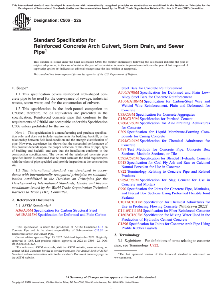 ASTM C506-22a - Standard Specification for  Reinforced Concrete Arch Culvert, Storm Drain, and Sewer Pipe