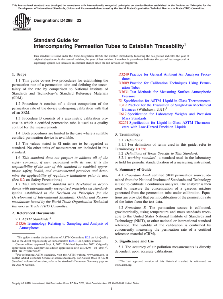 ASTM D4298-22 - Standard Guide for  Intercomparing Permeation Tubes to Establish Traceability