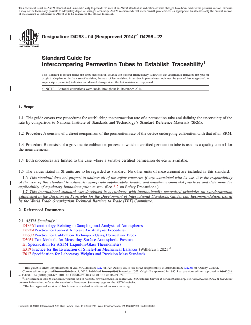 REDLINE ASTM D4298-22 - Standard Guide for  Intercomparing Permeation Tubes to Establish Traceability