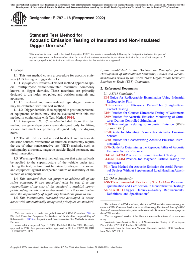 ASTM F1797-18(2022) - Standard Test Method for  Acoustic Emission Testing of Insulated and Non-Insulated Digger   Derricks