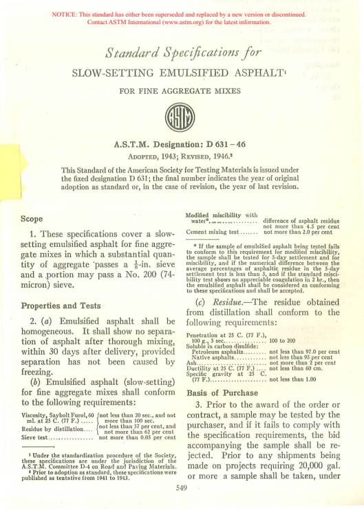 ASTM D631-46 - Specification for Emulsified Asphalt (Withdrawn 1949)