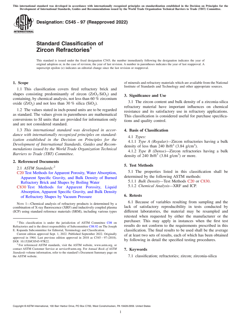 ASTM C545-97(2022) - Standard Classification of  Zircon Refractories