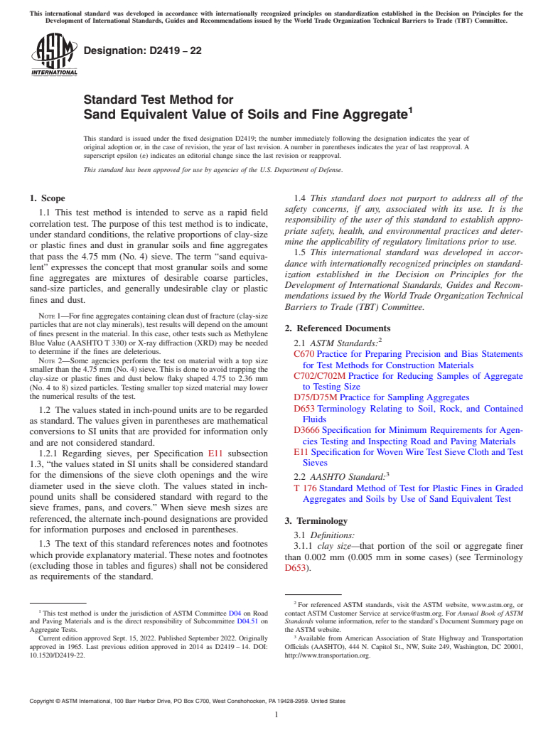 ASTM D2419-22 - Standard Test Method for  Sand Equivalent Value of Soils and Fine Aggregate